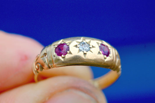 Antique 18ct Gold Diamond Ruby Gypsy Set Ring, 1915