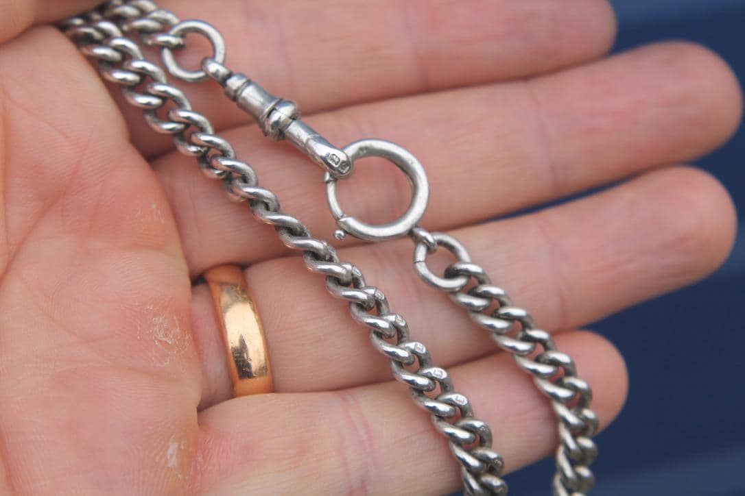 Antique Sterling Silver Curb Link Double Albert Necklace Chain, 14"