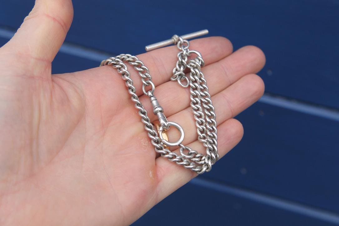 Antique Sterling Silver Curb Link Double Albert Necklace Chain, 14"