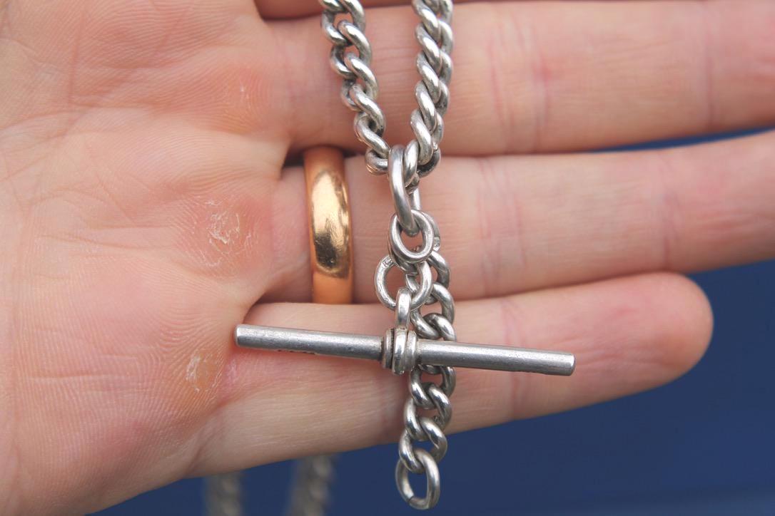Antique Sterling Silver Curb Link Double Albert Necklace Chain, 14"