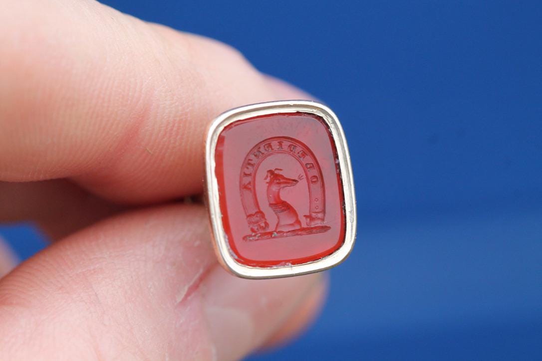 Antique 9ct Rolled Gold Intaglio "Obedience" Greyhound Seal Pendant