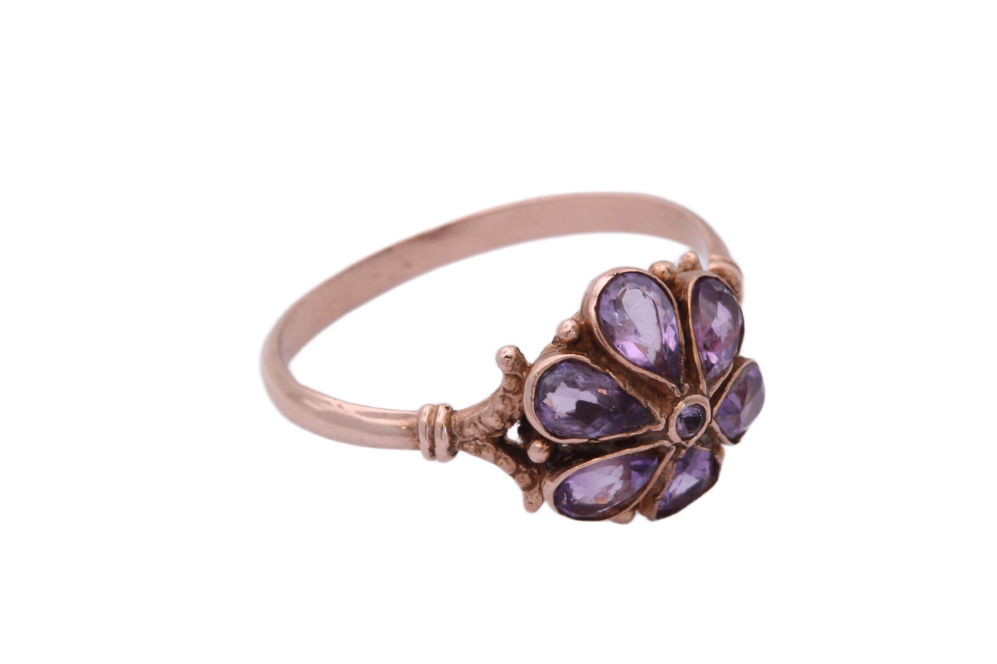Antique Edwardian 9ct Rose Gold Amethyst Flower Cluster Ring, c.1901