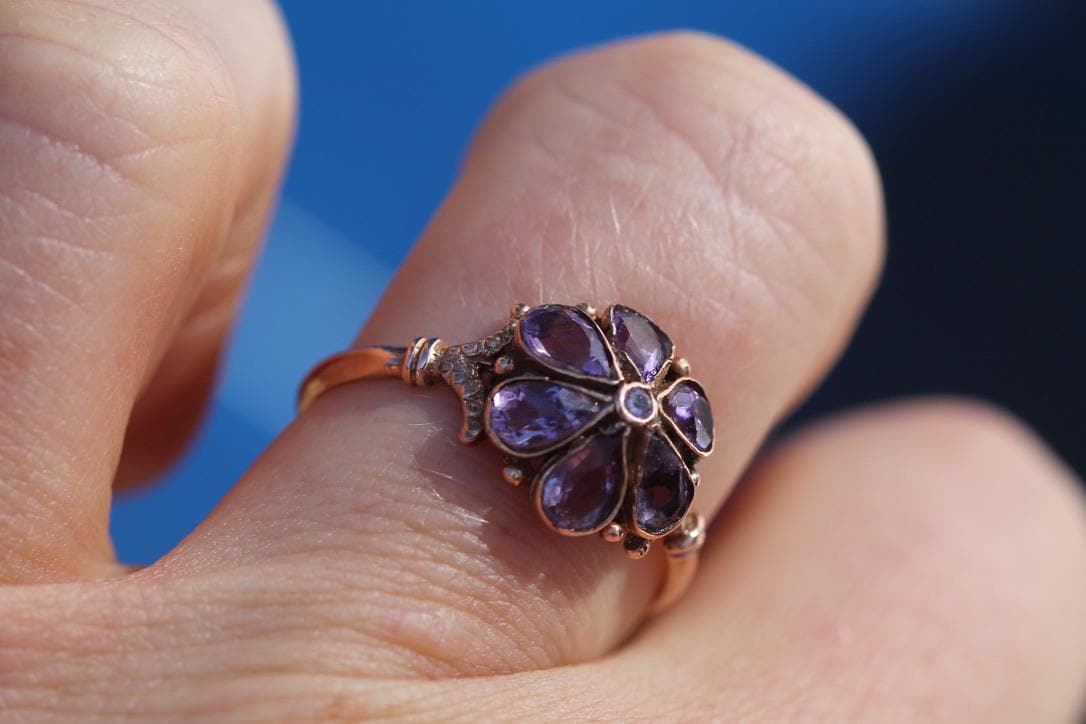 Antique Edwardian 9ct Rose Gold Amethyst Flower Cluster Ring, c.1901