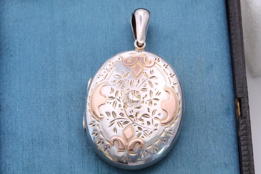 Antique Victorian Sterling Silver & 9ct Rose Gold Locket, 1882