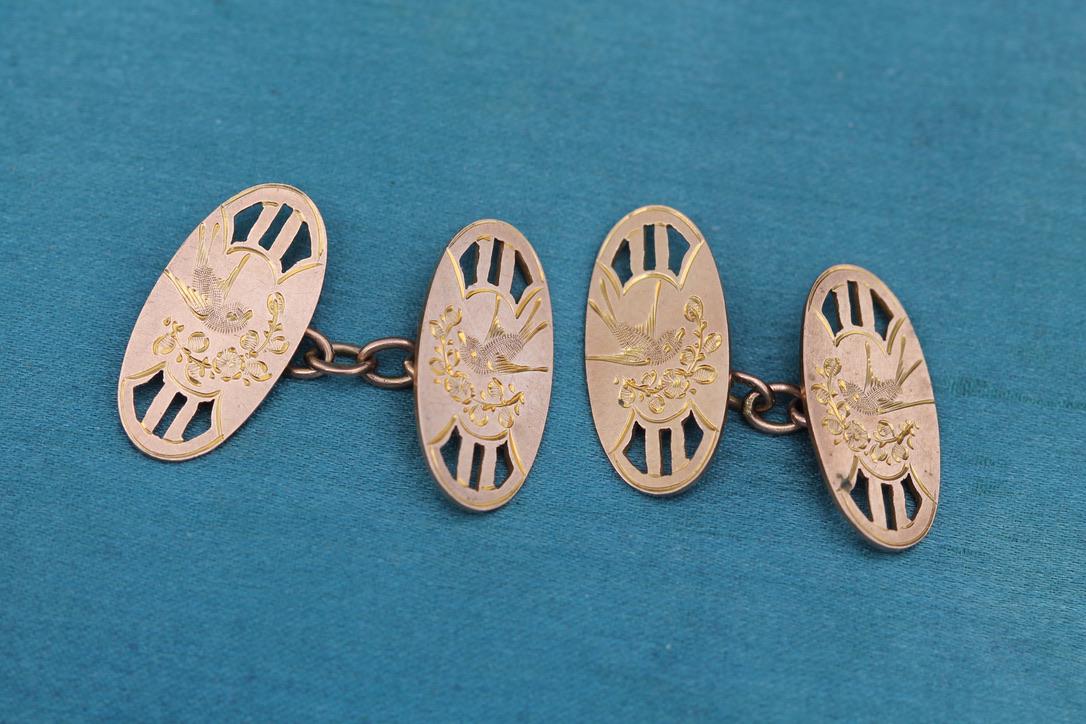 Antique 9ct Rose Gold Swallow Cufflinks, 1926