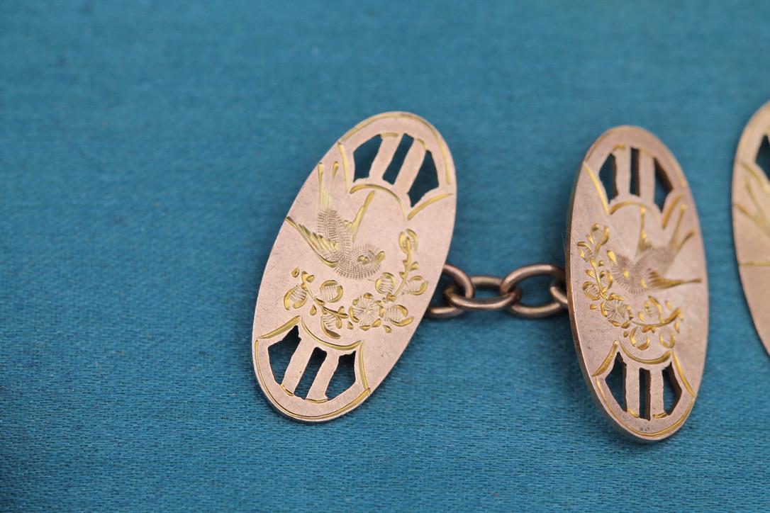 Antique 9ct Rose Gold Swallow Cufflinks, 1926