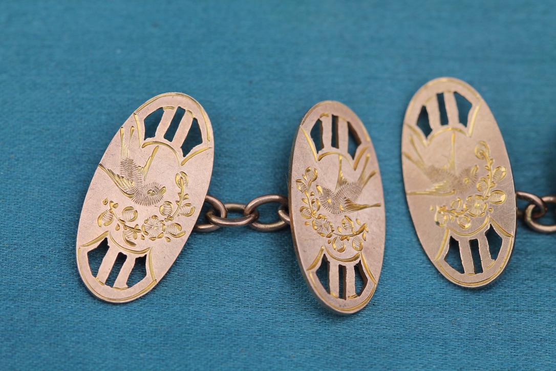 Antique 9ct Rose Gold Swallow Cufflinks, 1926