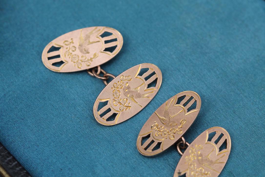 Antique 9ct Rose Gold Swallow Cufflinks, 1926