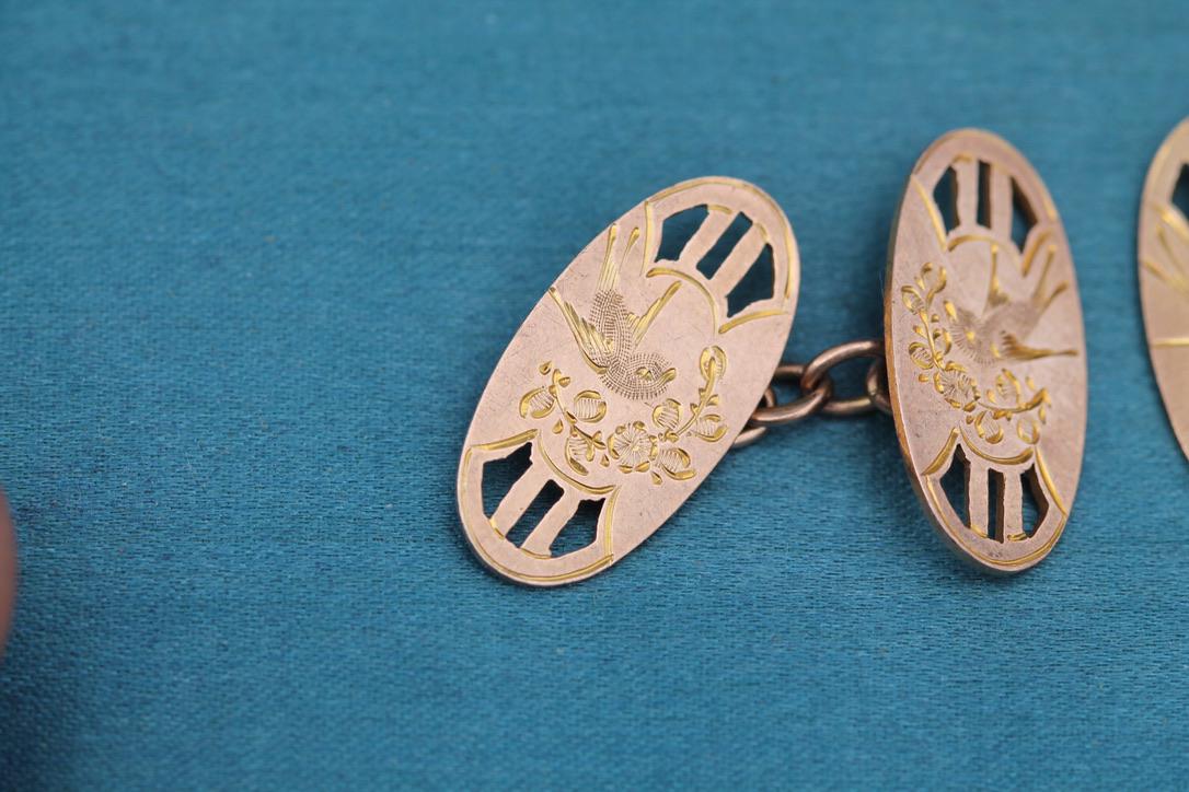 Antique 9ct Rose Gold Swallow Cufflinks, 1926