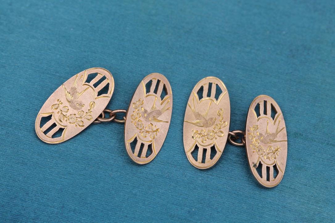 Antique 9ct Rose Gold Swallow Cufflinks, 1926