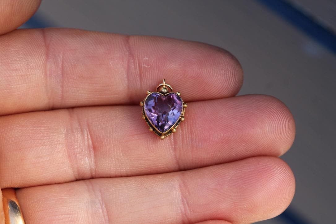 Antique 15ct Gold Heart Amethyst Pendant Charm