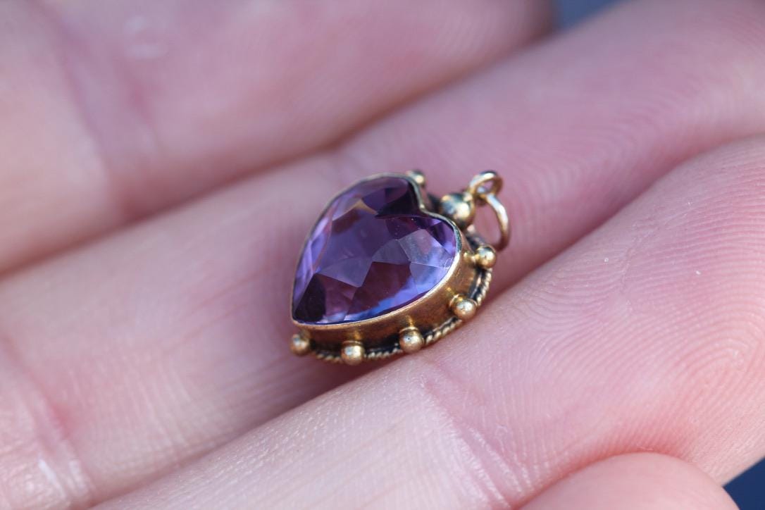 Antique 15ct Gold Heart Amethyst Pendant Charm