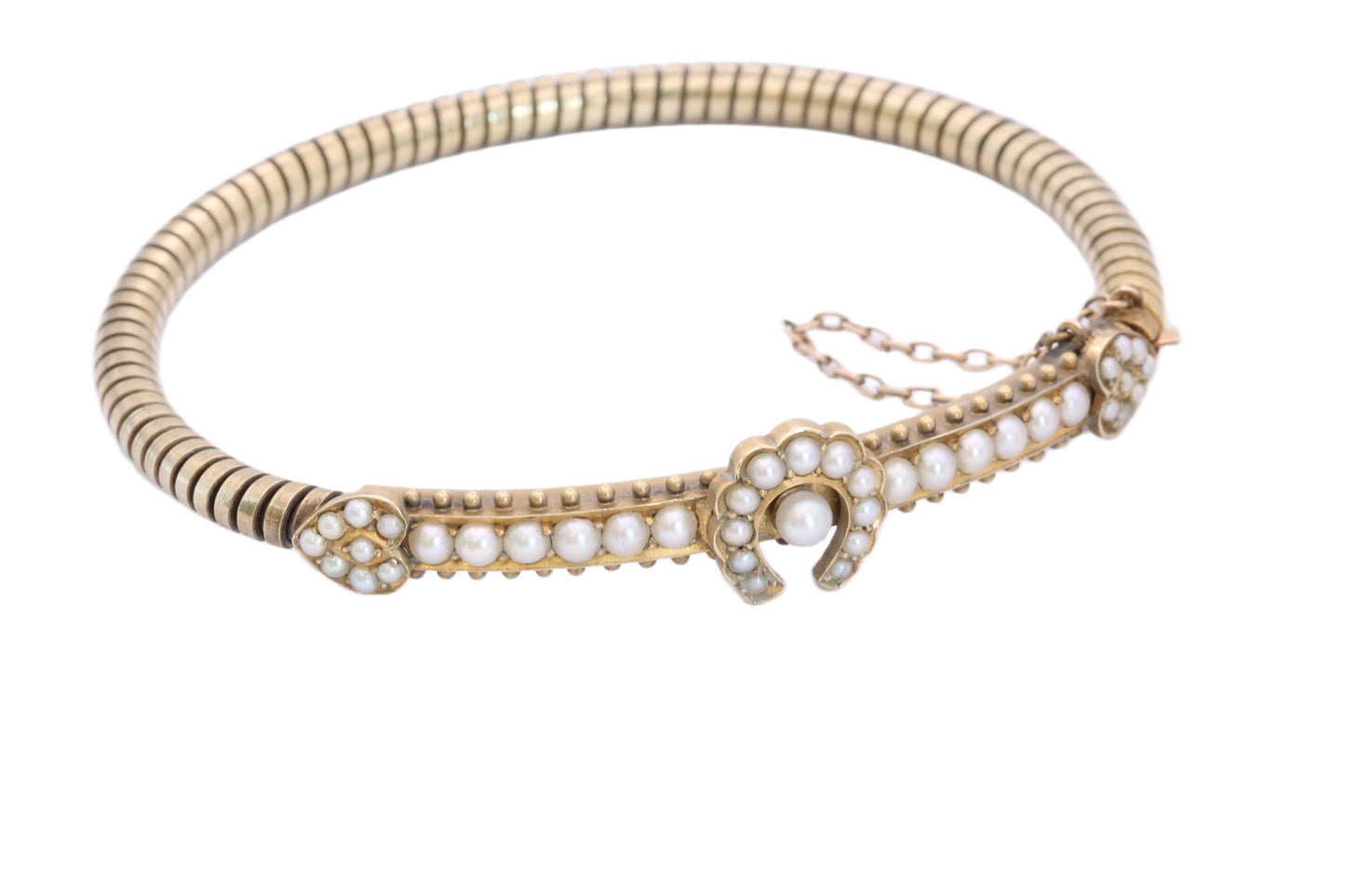 Antique 9ct Gold Seed Pearl Horseshoe Bangle, Edwardian c.1901