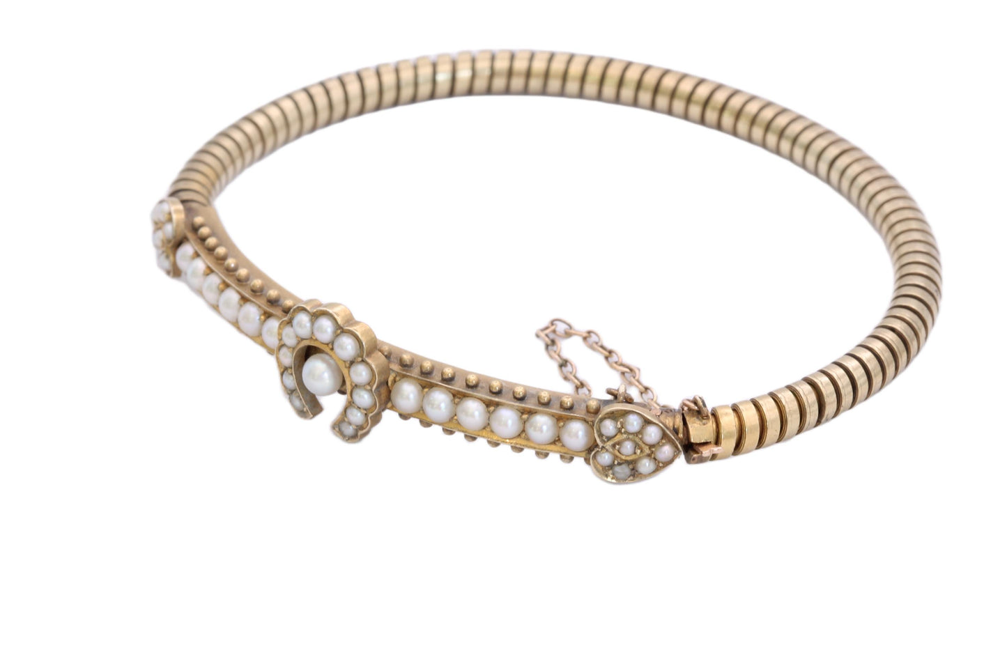 Antique 9ct Gold Seed Pearl Horseshoe Bangle, Edwardian c.1901