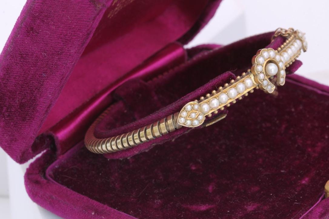 Antique 9ct Gold Seed Pearl Horseshoe Bangle, Edwardian c.1901