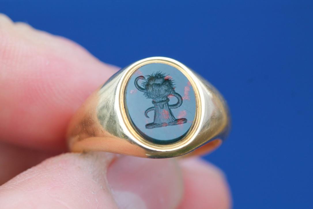 Antique 18ct Gold Bloodstone Intaglio Snake & Wheatsheaf Signet Ring
