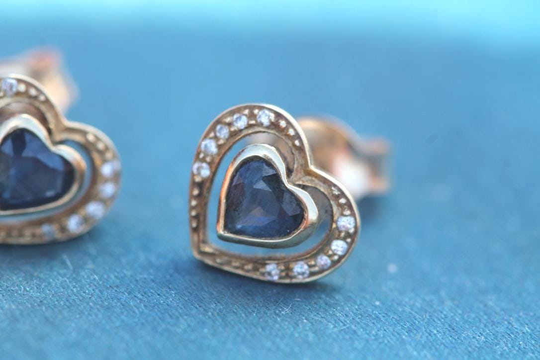 Vintage 14ct Gold Sapphire & Diamond Heart Earrings, c.1980