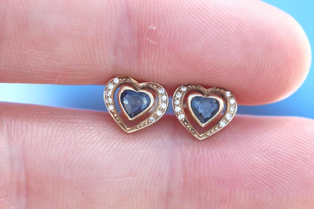 Vintage 14ct Gold Sapphire & Diamond Heart Earrings, c.1980