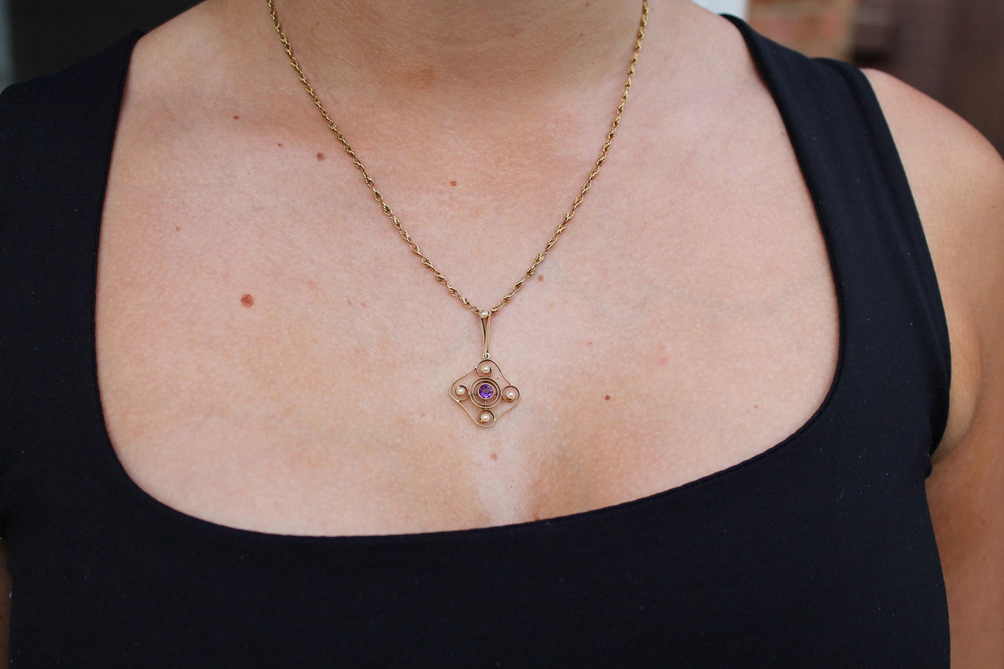 Antique 15ct Gold Amethyst & Seed Pearl Pendant, c.1900