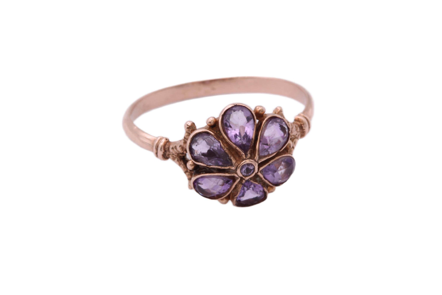 Antique Edwardian 9ct Rose Gold Amethyst Flower Cluster Ring, c.1901