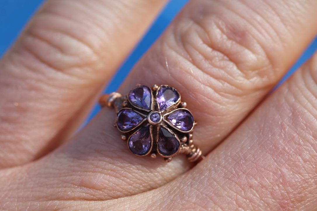 Antique Edwardian 9ct Rose Gold Amethyst Flower Cluster Ring, c.1901