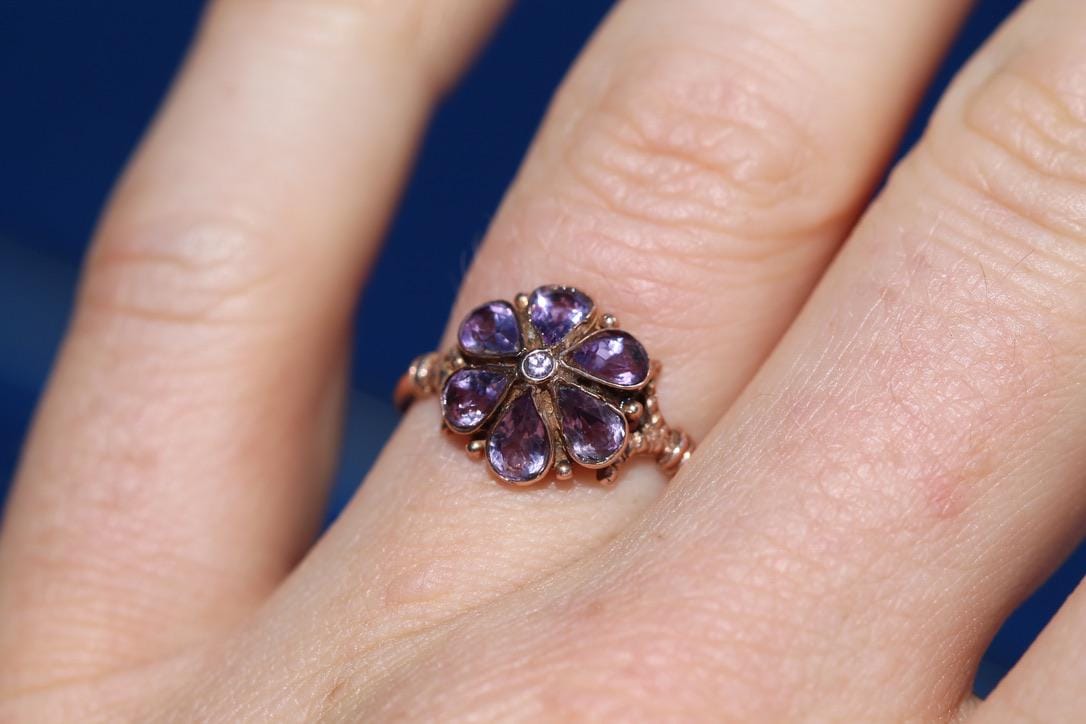 Antique Edwardian 9ct Rose Gold Amethyst Flower Cluster Ring, c.1901