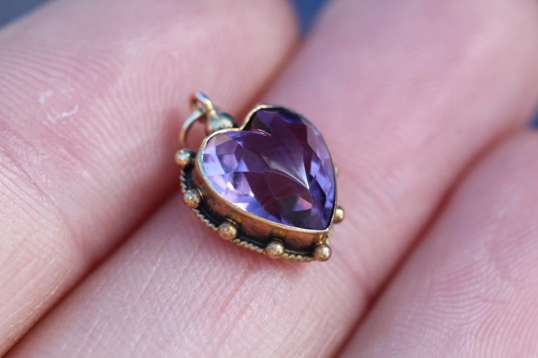 Antique 15ct Gold Heart Amethyst Pendant Charm