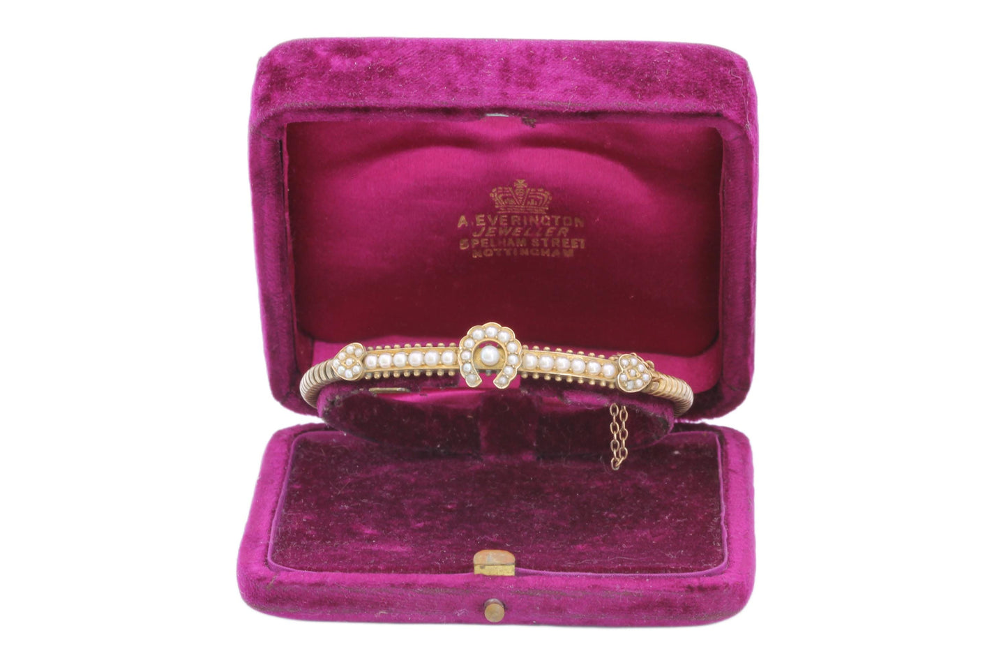 Antique 9ct Gold Seed Pearl Horseshoe Bangle, Edwardian c.1901