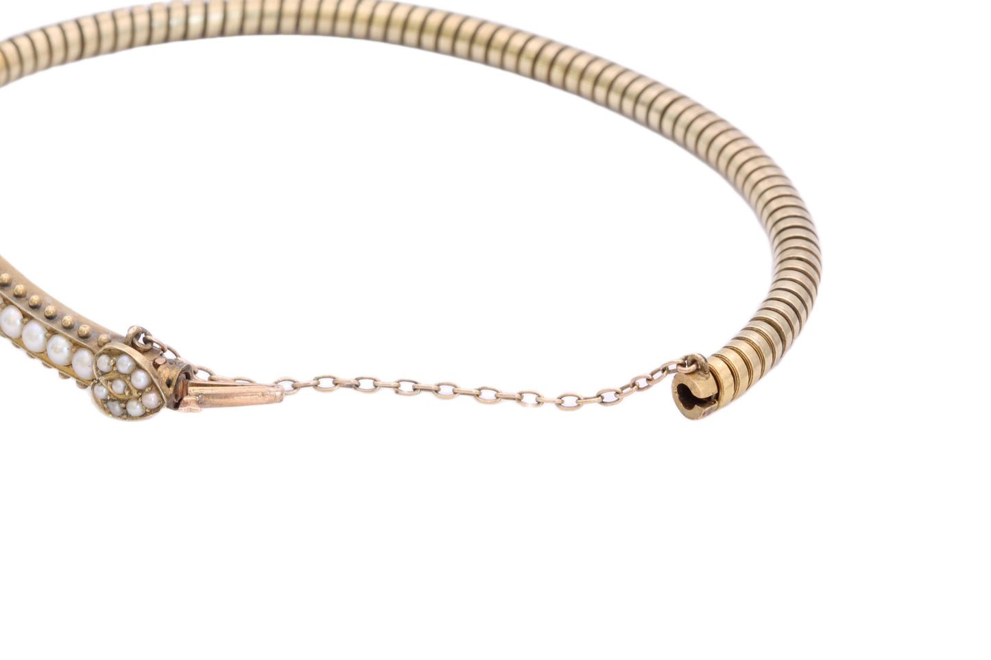 Antique 9ct Gold Seed Pearl Horseshoe Bangle, Edwardian c.1901