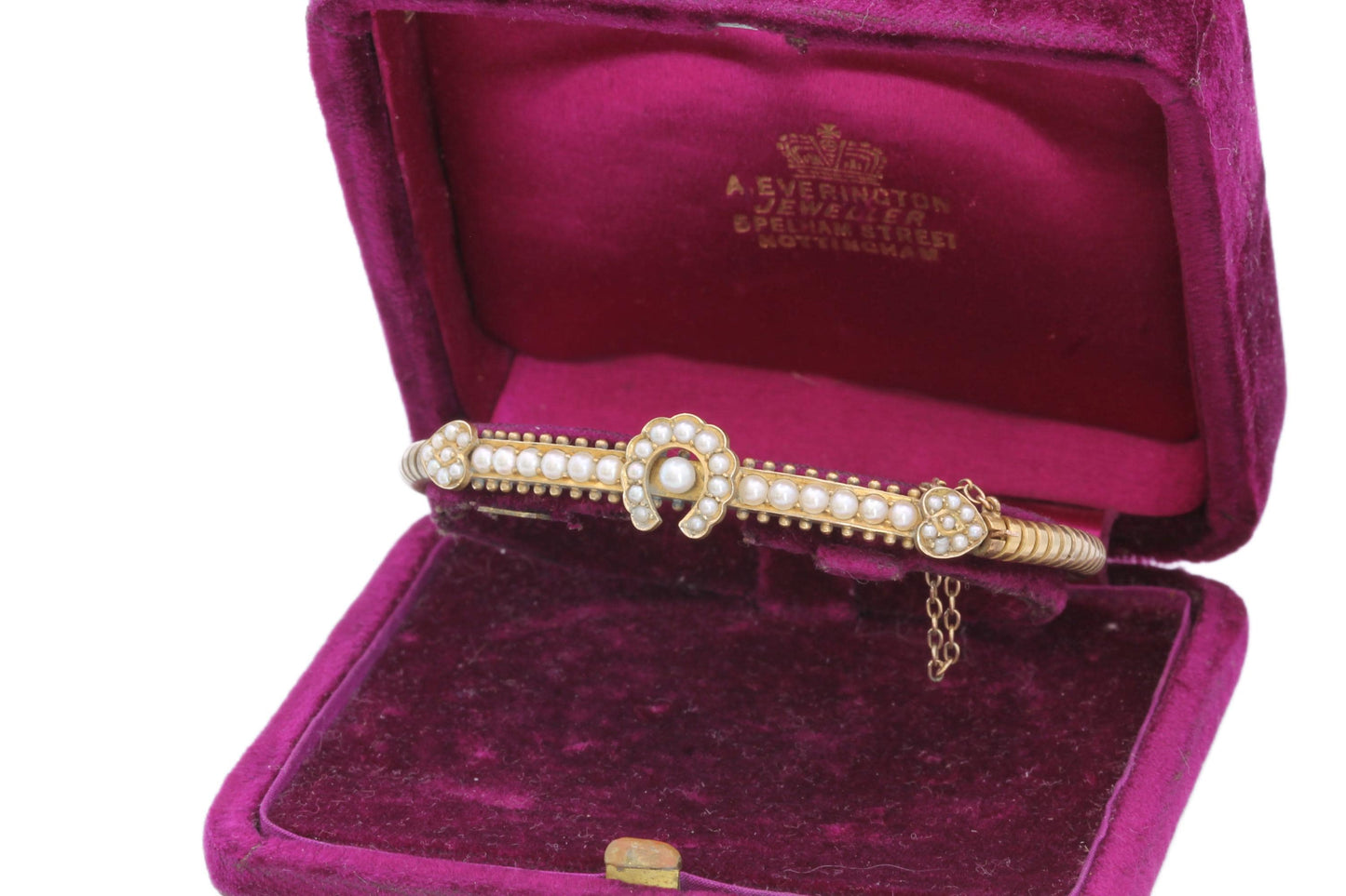 Antique 9ct Gold Seed Pearl Horseshoe Bangle, Edwardian c.1901