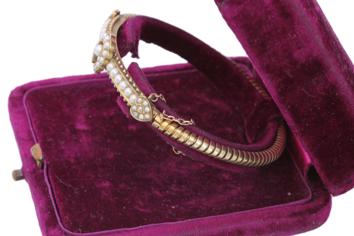 Antique 9ct Gold Seed Pearl Horseshoe Bangle, Edwardian c.1901