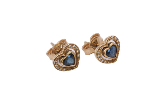 Vintage 14ct Gold Sapphire & Diamond Heart Earrings, c.1980