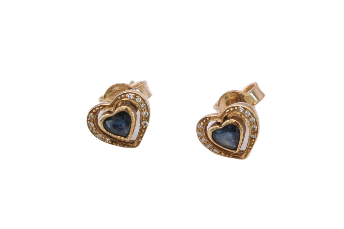 Vintage 14ct Gold Sapphire & Diamond Heart Earrings, c.1980