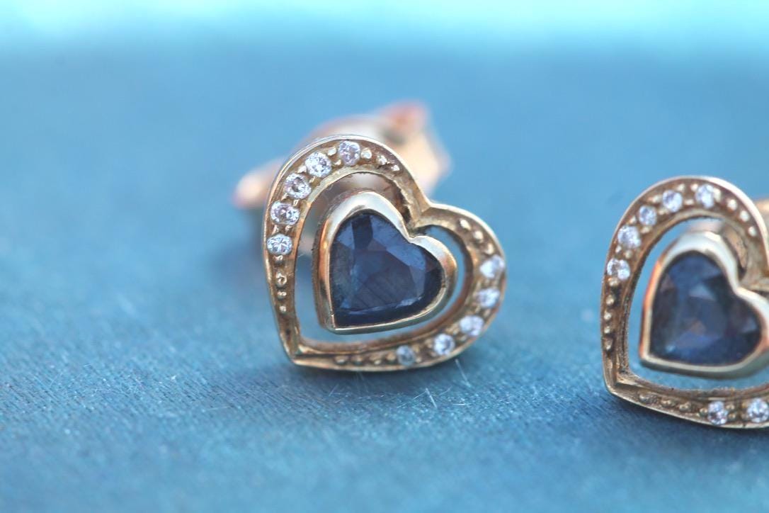 Vintage 14ct Gold Sapphire & Diamond Heart Earrings, c.1980