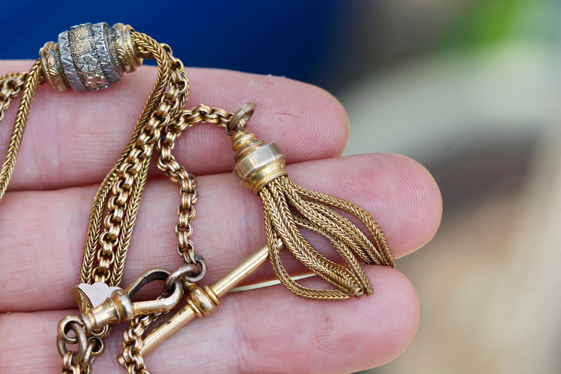 Antique-9ct-Rolled-Gold-Albertina-Tassel-Bracelet