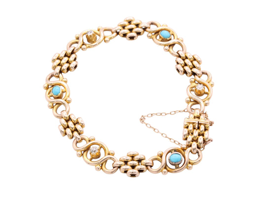 Antique Edwardian 15ct Gold Turquoise & Diamond Bracelet