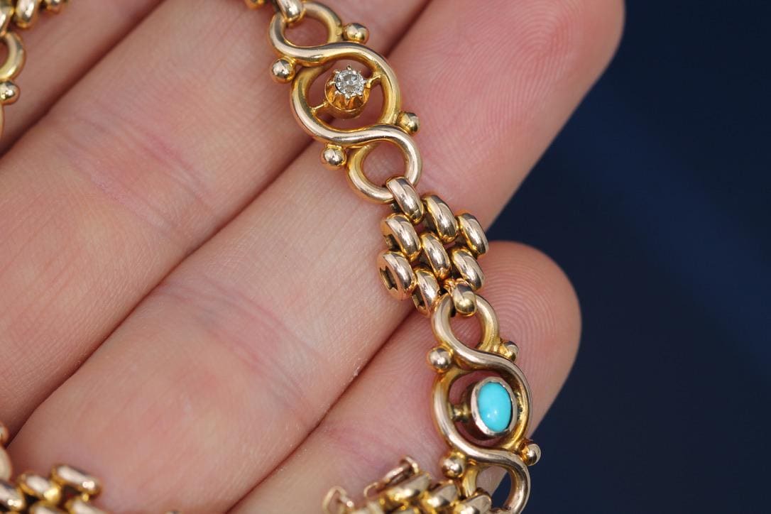 Antique Edwardian 15ct Gold Turquoise & Diamond Bracelet
