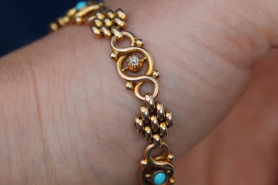 Antique Edwardian 15ct Gold Turquoise & Diamond Bracelet
