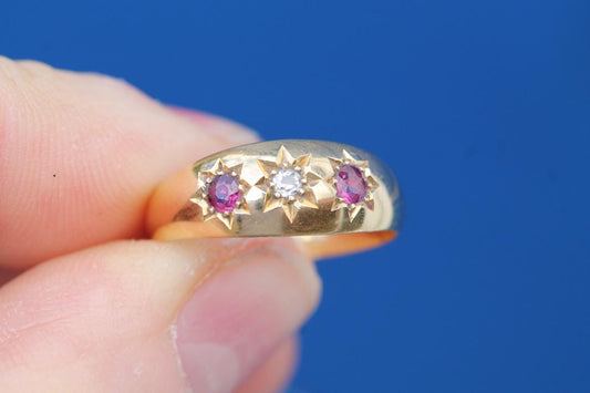 Antique 18ct Gold Ruby & Diamond Gypsy Ring, 1911