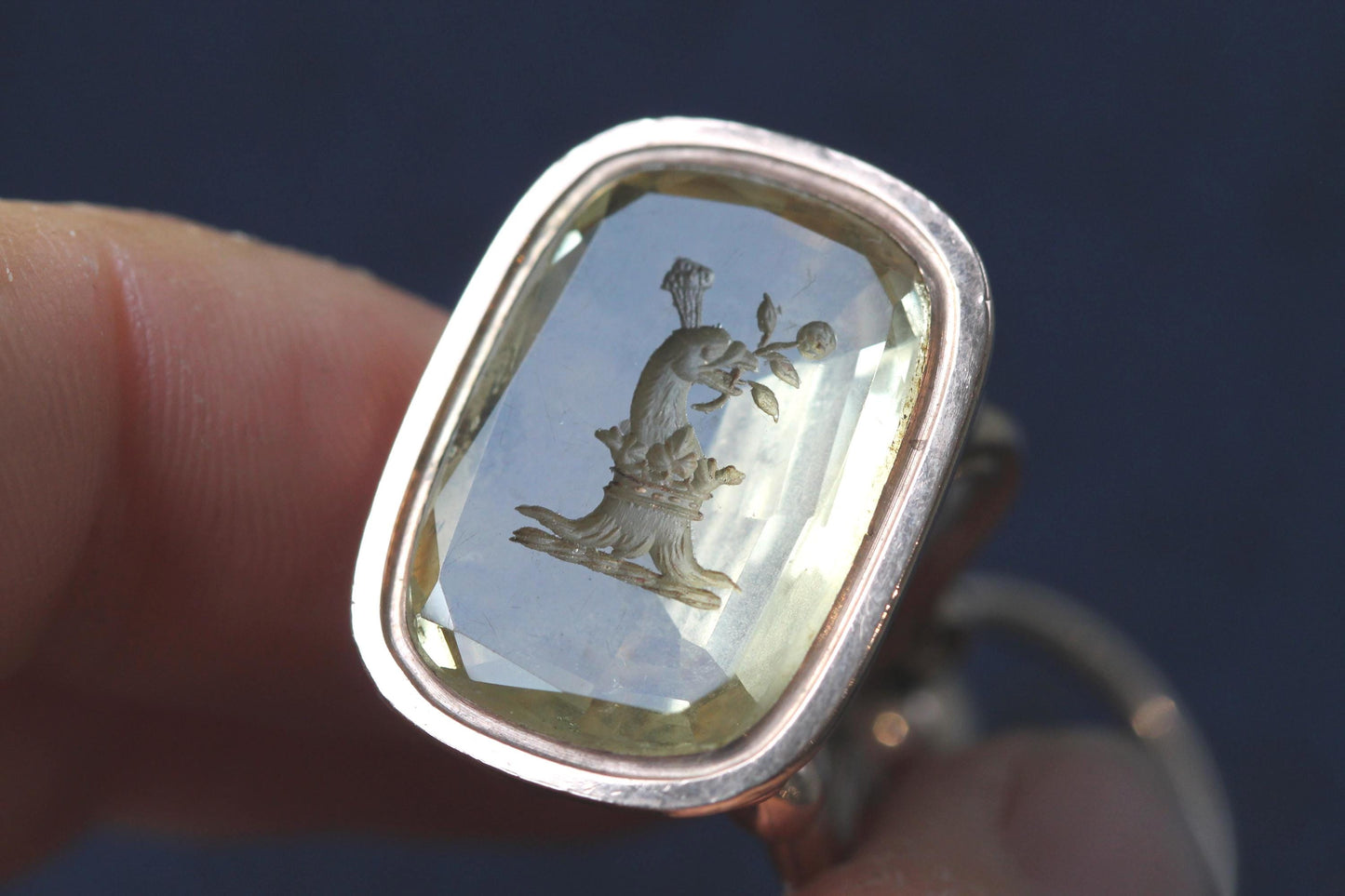 Antique 9ct Gold Pendant Intaglio Citrine Eagle Head & Rose, Split Ring, c.1860