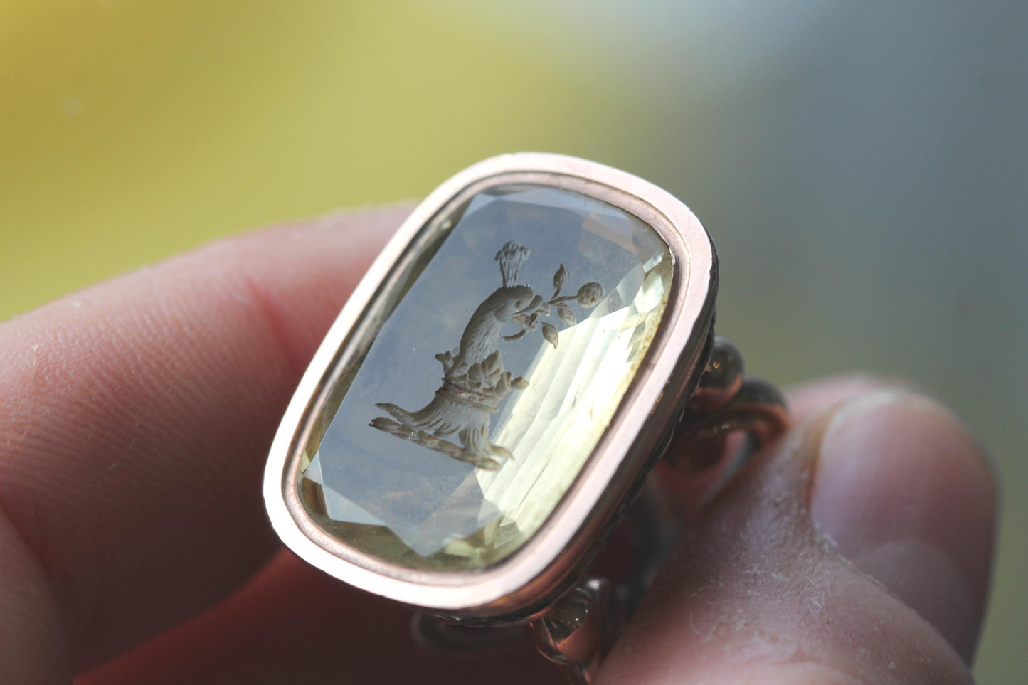 Antique 9ct Gold Pendant Intaglio Citrine Eagle Head & Rose, Split Ring, c.1860