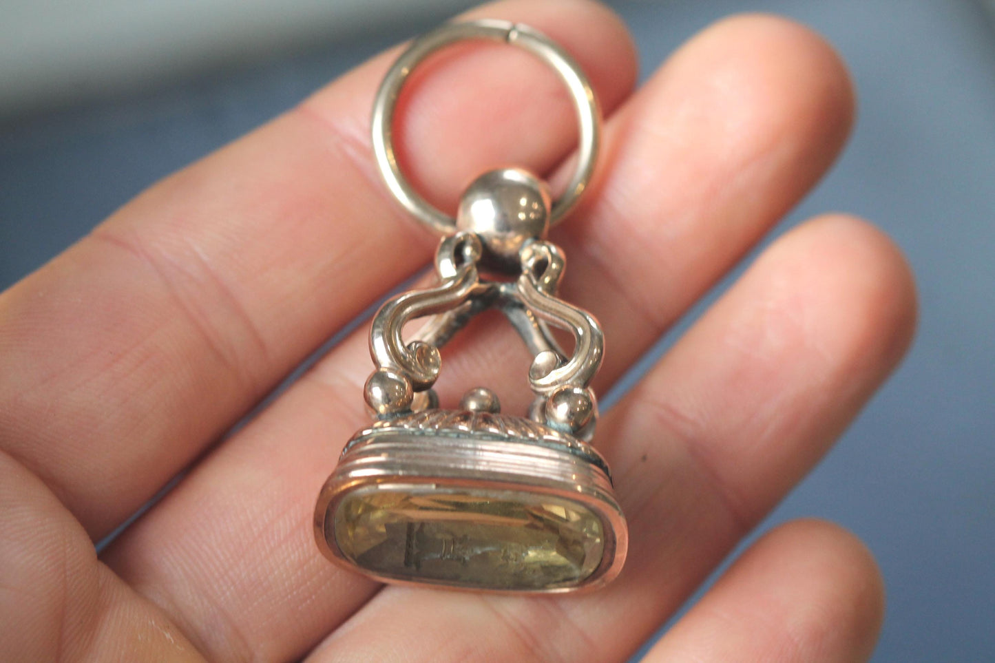 Antique 9ct Gold Pendant Intaglio Citrine Eagle Head & Rose, Split Ring, c.1860