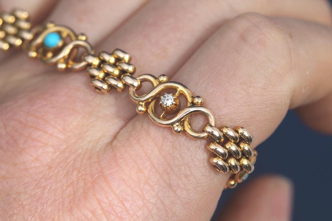 Antique Edwardian 15ct Gold Turquoise & Diamond Bracelet