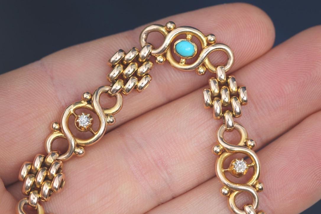 Antique Edwardian 15ct Gold Turquoise & Diamond Bracelet