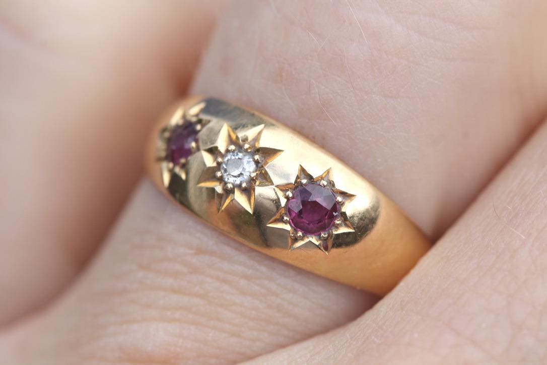 Antique 18ct Gold Ruby & Diamond Gypsy Ring, 1911