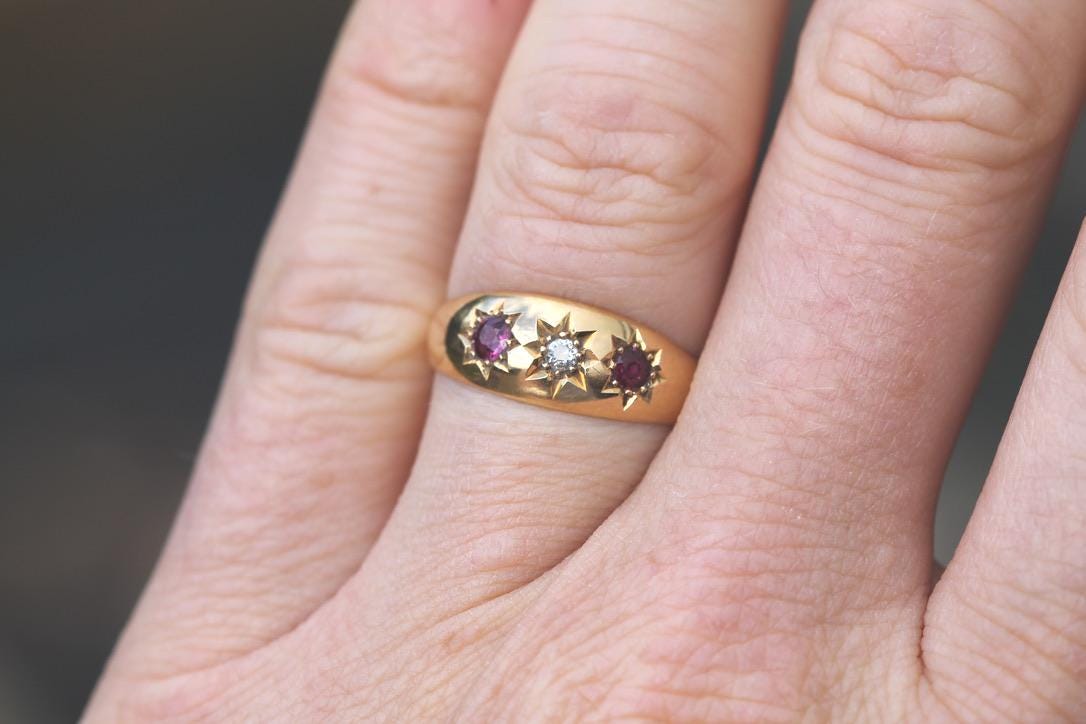 Antique 18ct Gold Ruby & Diamond Gypsy Ring, 1911