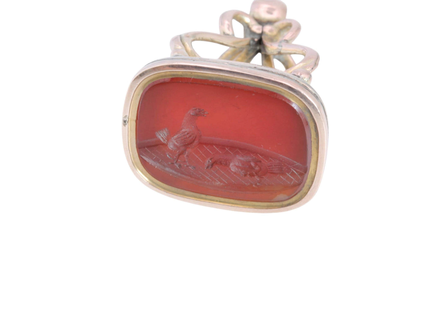 Antique 9ct Gold Large Carnelian Intaglio Seal | Two Hens Scene | c.1860