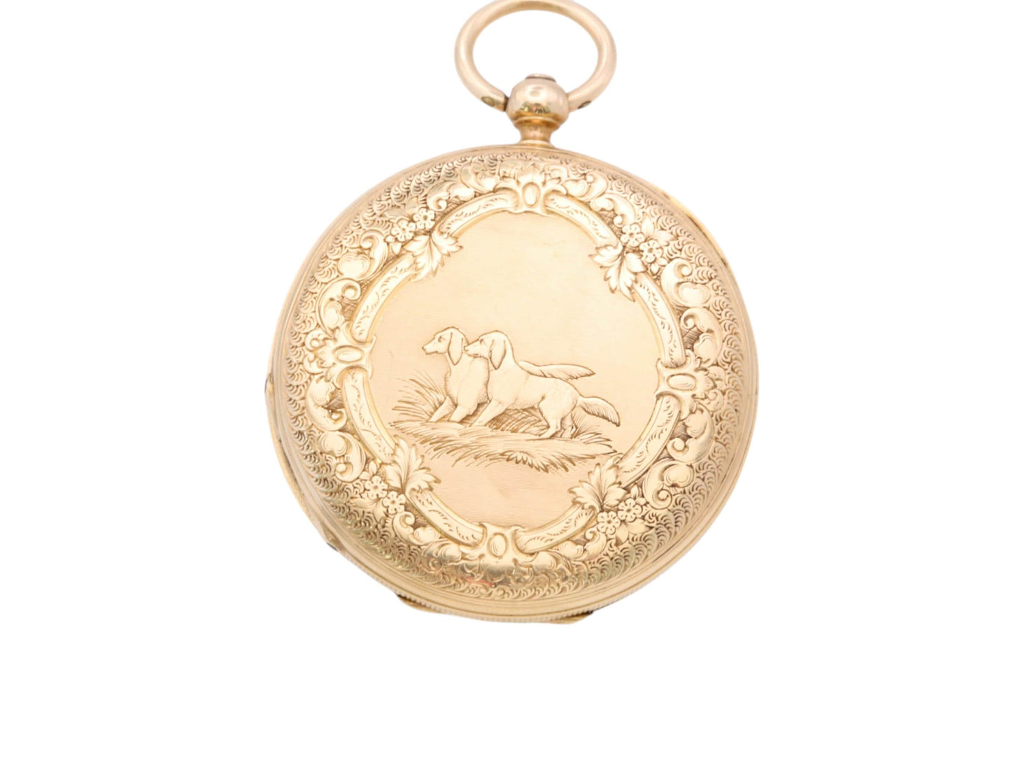 Antique 18ct Gold Swiss Ladies Pocket Watch | Chased Dog Scene | c.1880