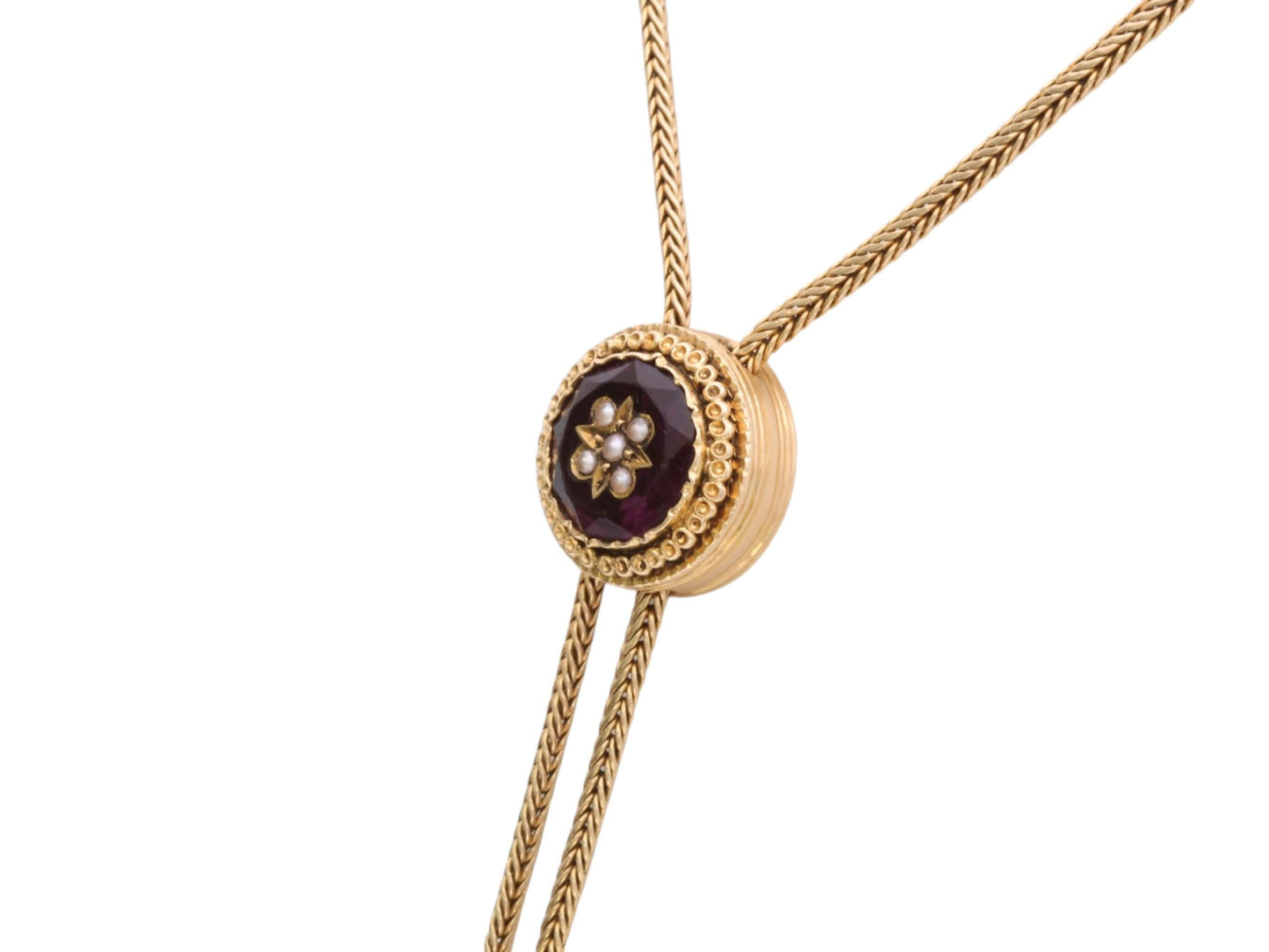 Antique 18ct Gold French Long Guard Chain | Foxtail Link Amethyst Slider | c.1860
