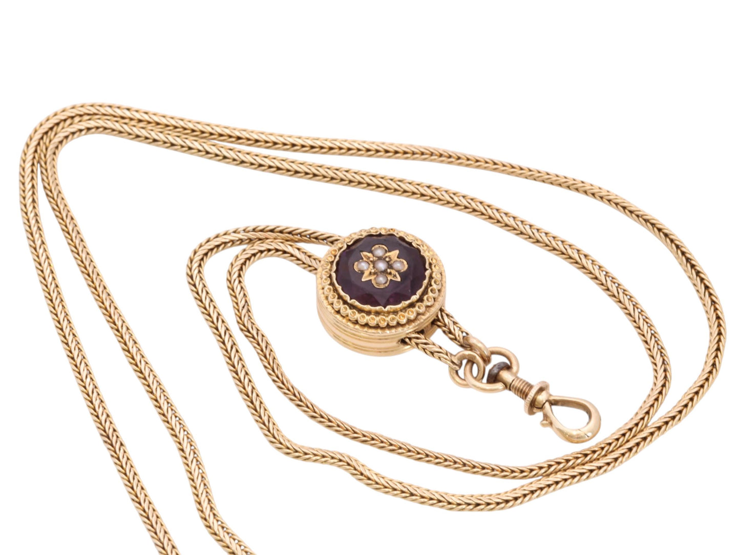 Antique 18ct Gold French Long Guard Chain | Foxtail Link Amethyst Slider | c.1860